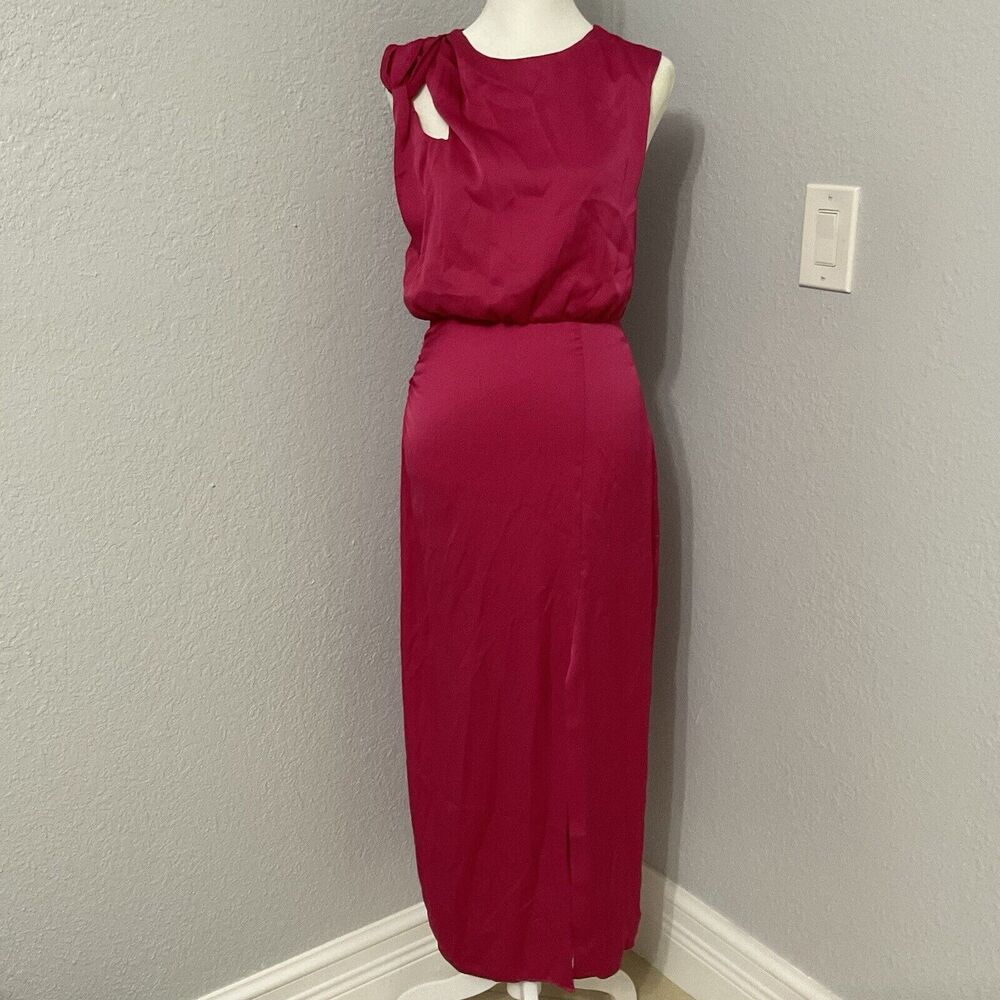 NWT ZARA Women’s Fuchsia Pink Satin Effect Knot Shoulder Midi Dress Size XS 2584